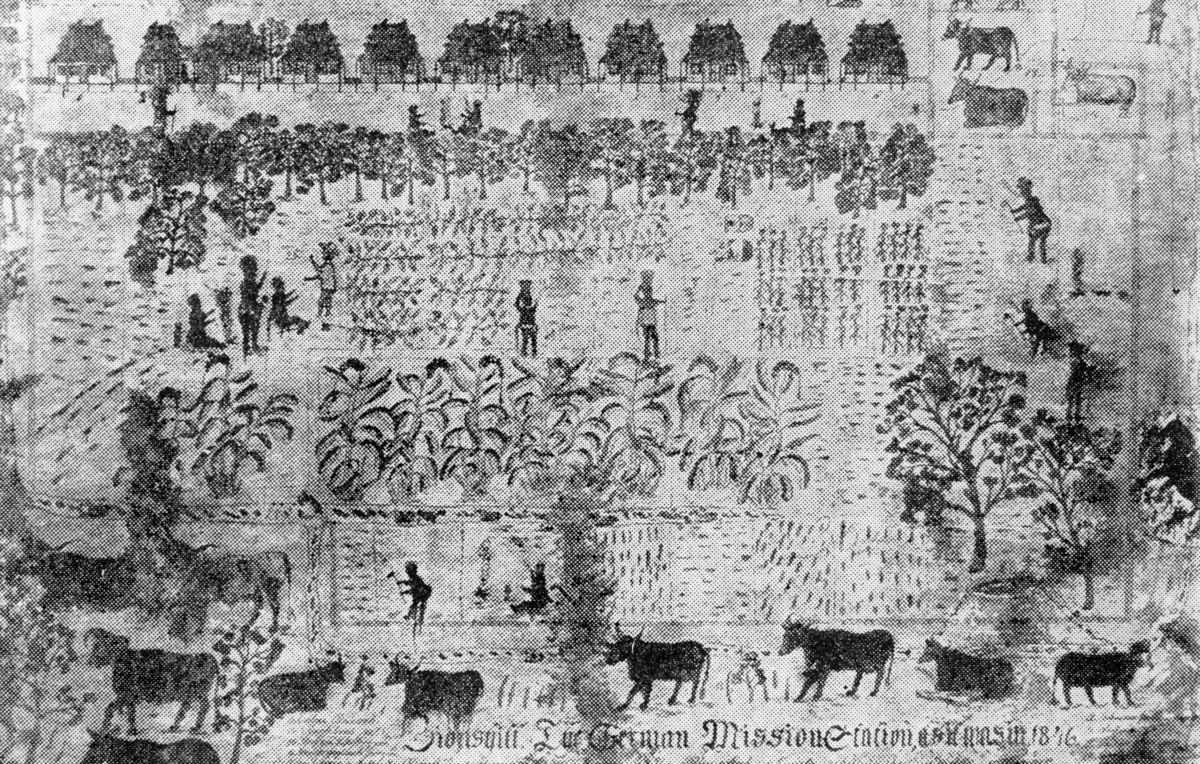 Extract from Carl F. Gerler's sketch of the German Mission Station at Zion's Hill, 1846. (John Oxley Library)
