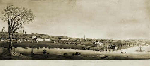 A panoramic landscape by Henry W. Boucher Bowerman, depicting Brisbane circa 1835. 