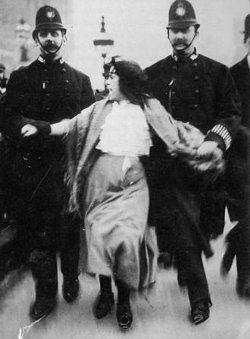 A young Suffragette is arrested at the March 1907 protest.