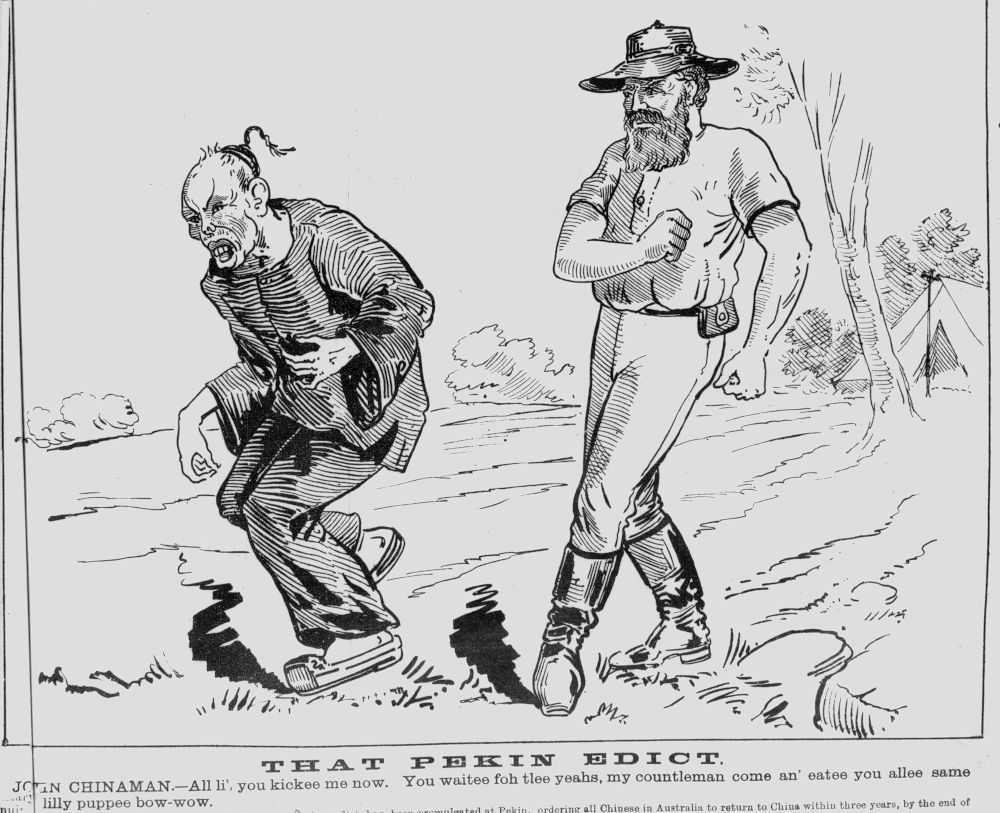 Anti-Chinese cartoon in the Queensland Figaro and Punch, 14 July 1888.